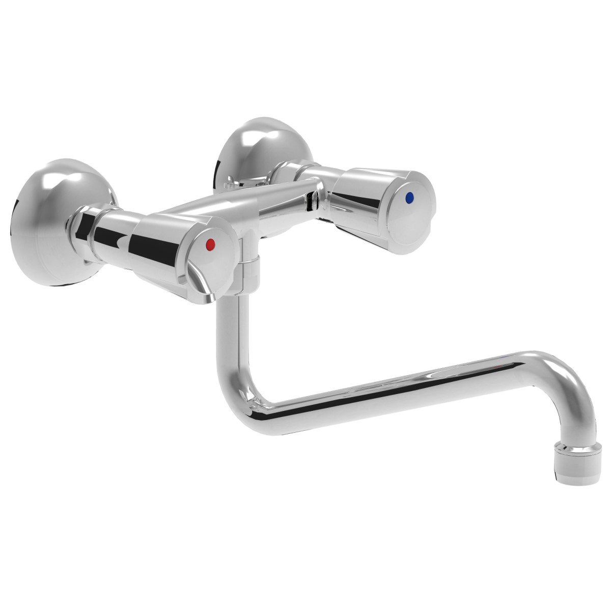 Two holes wall mounted mixer tap with lower outlet